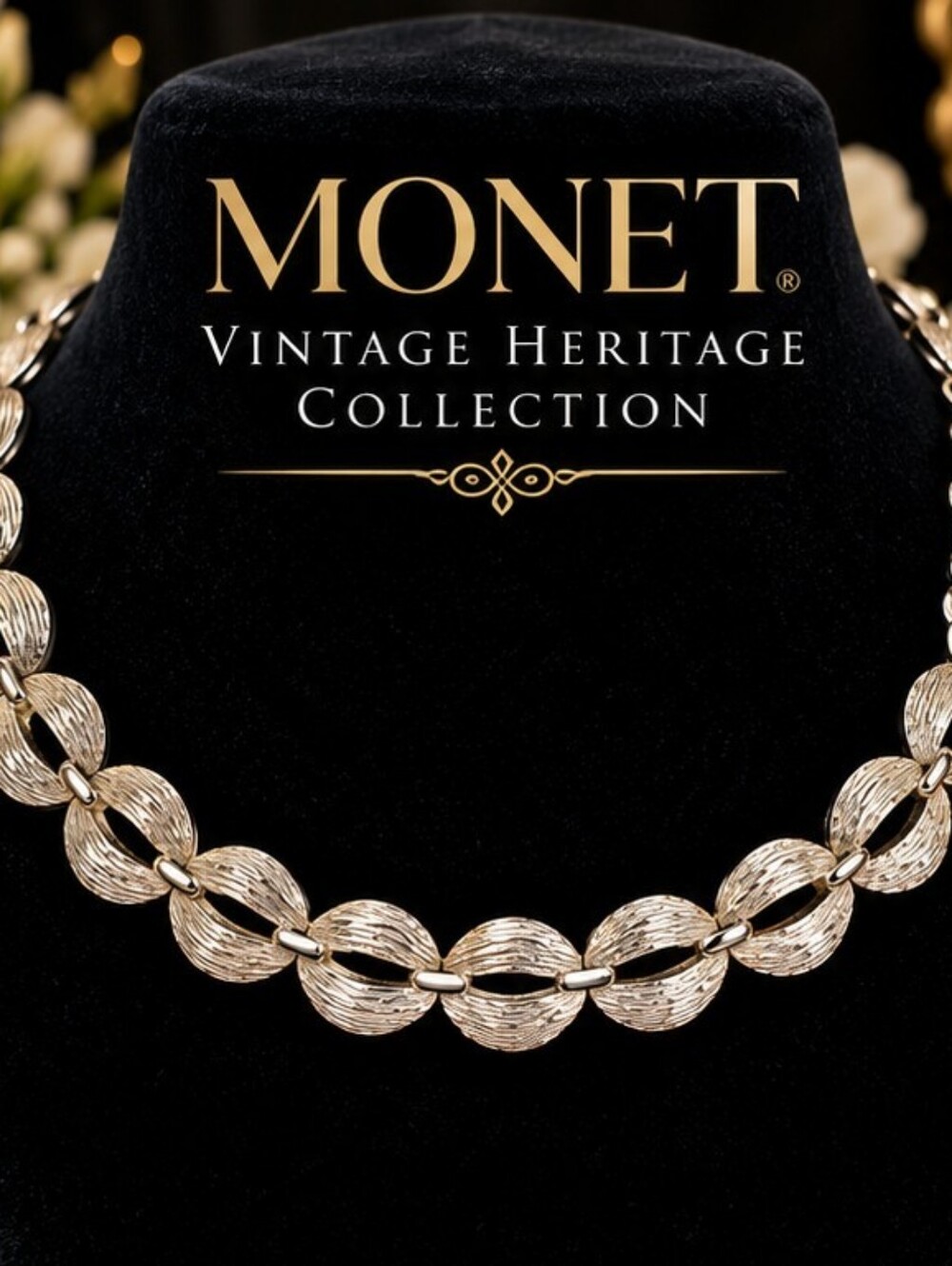 Vintage MONET Silver Tone Textured Interlocking Link Choker Necklace Adjustable